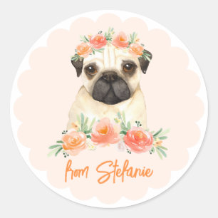 Pegatina Redonda Cute acuarela Pug and Peach Flowday Cumpleaños