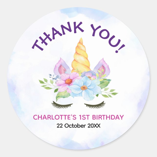 Pegatina Redonda Cute acuarela Unicornio Gracias (Anverso)