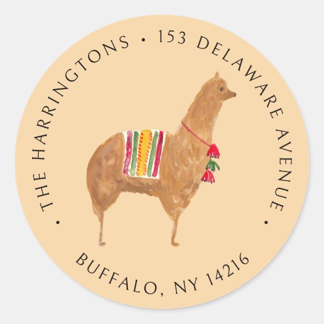 Pegatina Redonda Cute Alpaca Hand-Drawn Animal Return Address (Anverso)