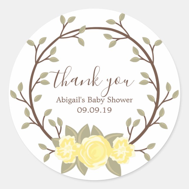 Pegatina Redonda Cute amarillo floral Baby Shower (Anverso)