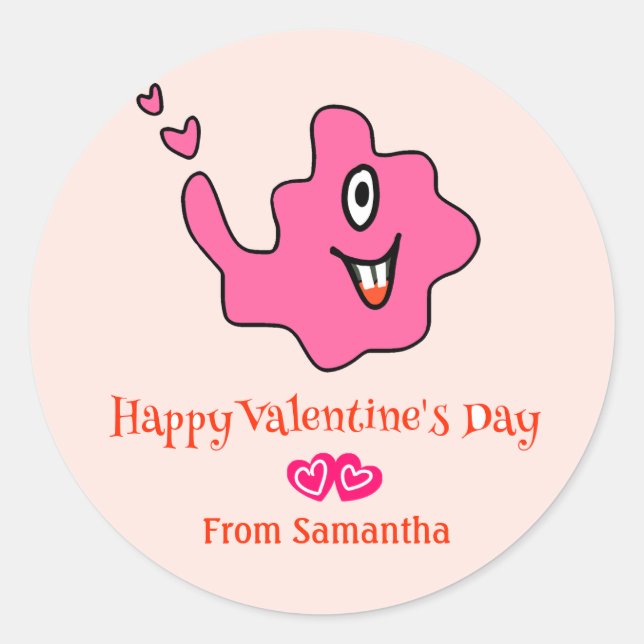 Pegatina Redonda Cute Amoeba Monster Kids Valentine (Anverso)
