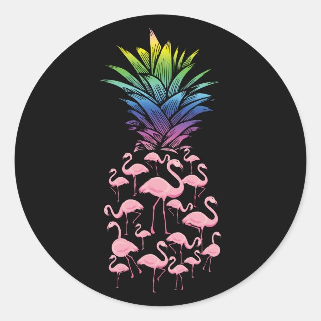 Pegatina Redonda Cute And Lovely Pink Flamingo Pineapple Love (Anverso)