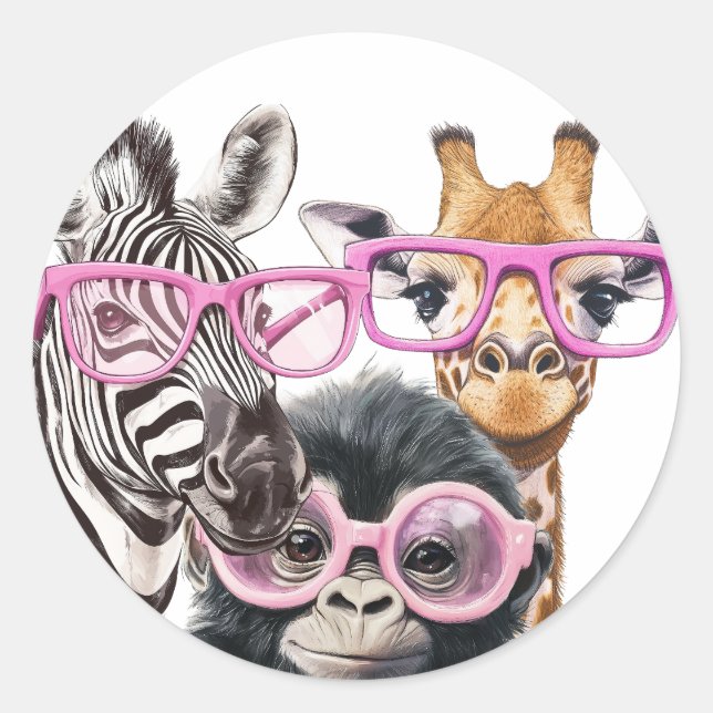 Pegatina Redonda Cute Animal Friends Sticker – Zebra Giraffe Monkey (Anverso)