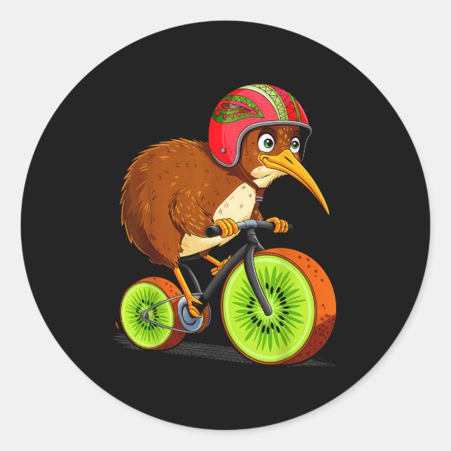 Pegatina Redonda Cute Animal Kiwi Cycling New Zealand  (Anverso)
