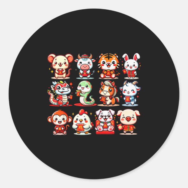 Pegatina Redonda Cute Animal Twelve Zodiac Signs Celebrate Lunar Ne (Anverso)