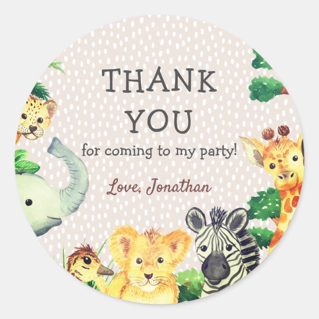 Pegatina Redonda Cute animales salvajes acuarela Gracias Cumpleaños (Anverso)