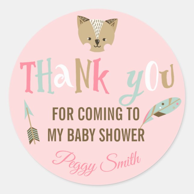 Pegatina Redonda Cute animales tribales Chica Baby Shower Gracias (Anverso)