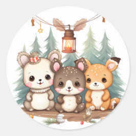 Pegatina Redonda Cute animals celebrating Christmas