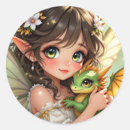 Pegatina Redonda Cute Anime Fairy and Chibi Dragon