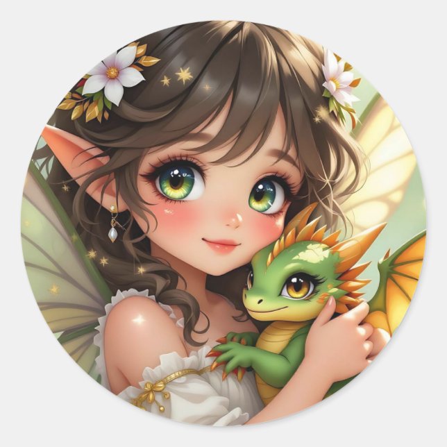 Pegatina Redonda Cute Anime Fairy and Chibi Dragon  (Anverso)