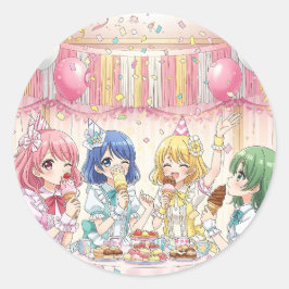 Pegatina Redonda Cute Anime Girl's Ice Cream Birthday Party  