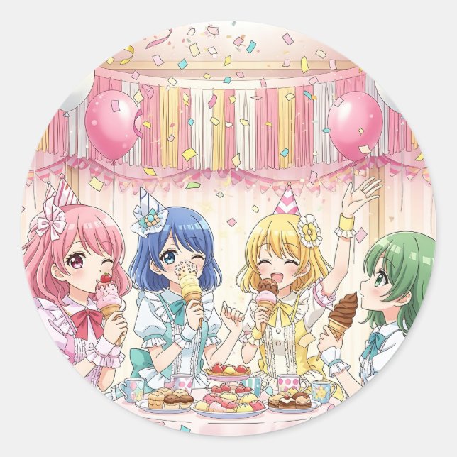 Pegatina Redonda Cute Anime Girl's Ice Cream Birthday Party   (Anverso)