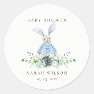 Pegatina Redonda Cute Aqua Blue Bunny Garden Foliage Baby Shower