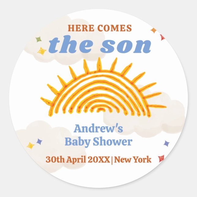 Pegatina Redonda Cute Aquí Viene El Baby Shower De Son Sunshine (Anverso)