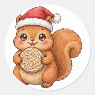 Pegatina Redonda Cute Ardilla Santa Sombrero Galleta Navidad Sticke