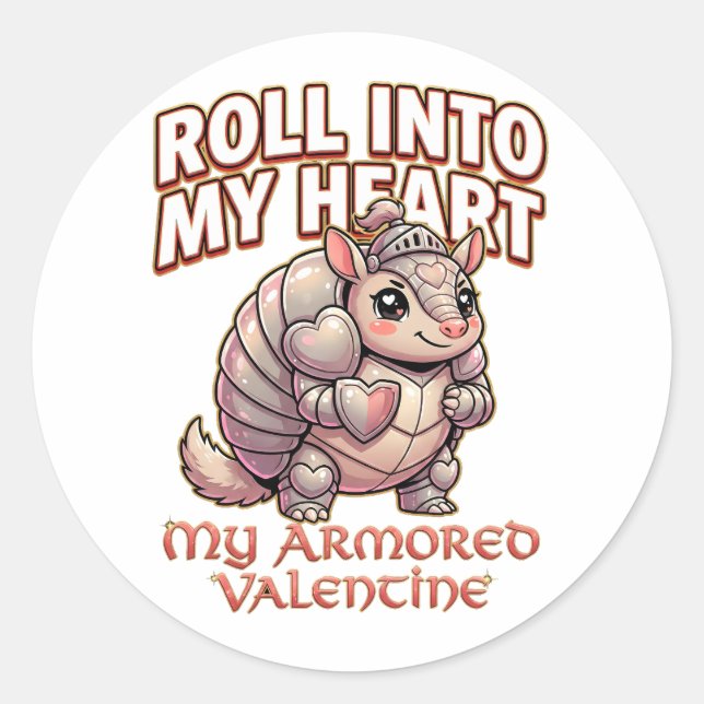 Pegatina Redonda Cute Armadillo Knight Valentine–Roll Into My Heart (Anverso)