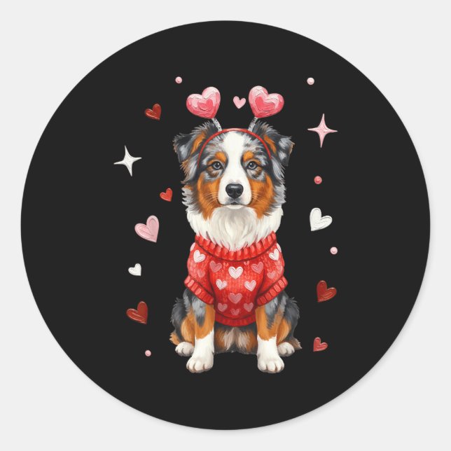 Pegatina Redonda Cute Australian Shepherd Valentine Heart Valentine (Anverso)