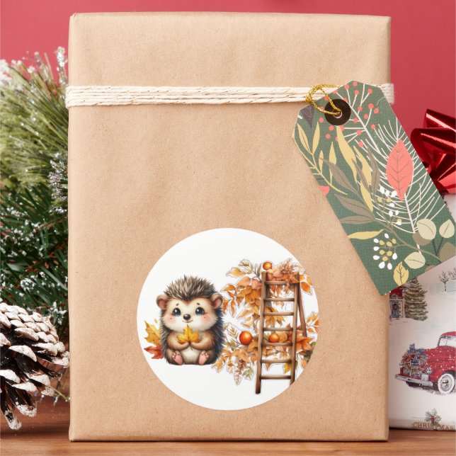 Pegatina Redonda Cute Autumn Hedgehog with Harvest Ladder Illustrat (Vacaciones)