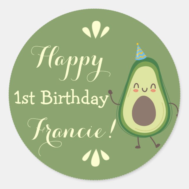 Pegatina Redonda Cute Avocado Personalize Colorful 1st Birthday (Anverso)