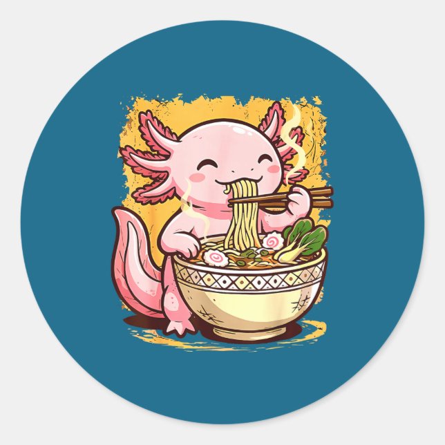 Pegatina Redonda Cute Axolotl Eats Ramen Noodles Axolotls Ramen  (Anverso)