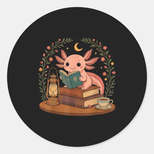 Pegatina Redonda Cute Axolotl Reading Books Cozy Bookworm  (Anverso)