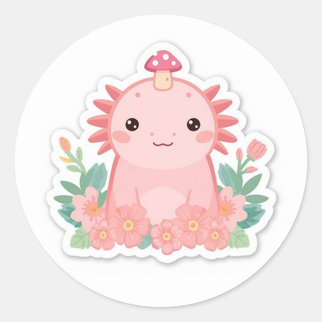 Pegatina Redonda Cute axolotl rosa  (Anverso)