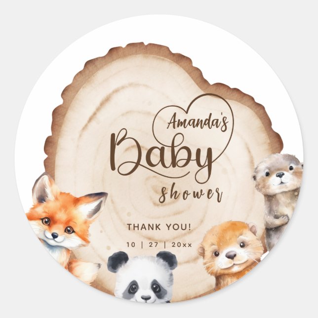 Pegatina Redonda Cute Baby Animals Baby Shower Gracias (Anverso)