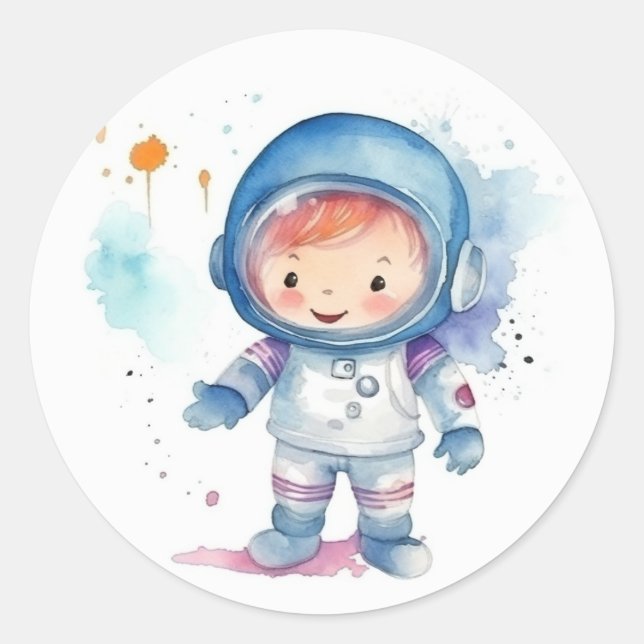 Pegatina Redonda Cute Baby Astronauta Watercolor (Anverso)