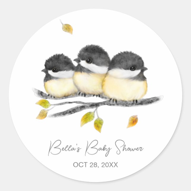 Pegatina Redonda Cute Baby Bird Chickadees Baby Shower (Anverso)