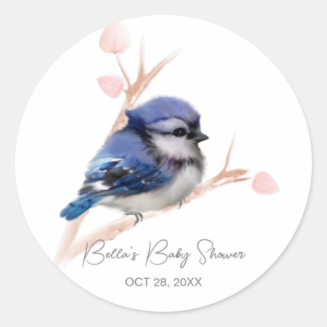 Pegatina Redonda Cute Baby Blue Jay Baby Shower (Anverso)