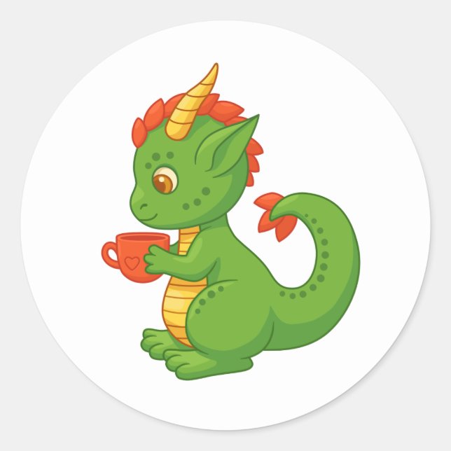 Pegatina Redonda Cute Baby Dragon Holding Cup (Anverso)