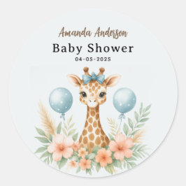 Pegatina Redonda Cute Baby Giraffe Boy Baby Shower | Blue Safari