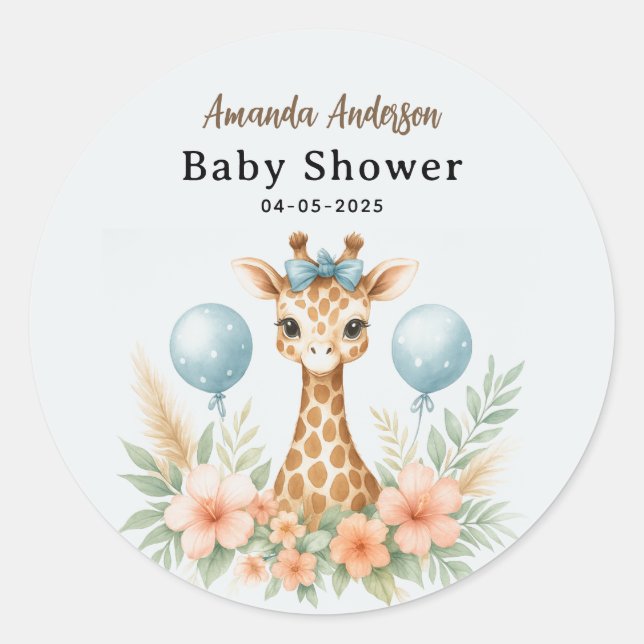 Pegatina Redonda Cute Baby Giraffe Boy Baby Shower | Blue Safari (Anverso)