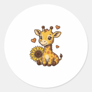 Pegatina Redonda Cute Baby Giraffe Sunflower Vintage Engraving Tee_