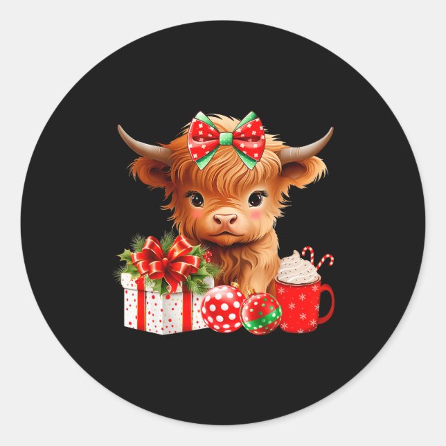 Pegatina Redonda Cute Baby Highland Cow Merry Christmas Farmer Cow  (Anverso)