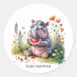 Pegatina Redonda Cute Baby Hippopotamus Watermelon Baby Shower