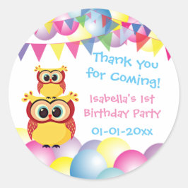 Pegatina Redonda Cute baby owl child's cumpleaños gracias