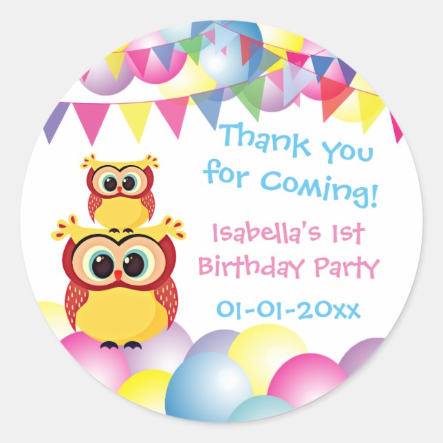 Pegatina Redonda Cute baby owl child's cumpleaños gracias (Anverso)