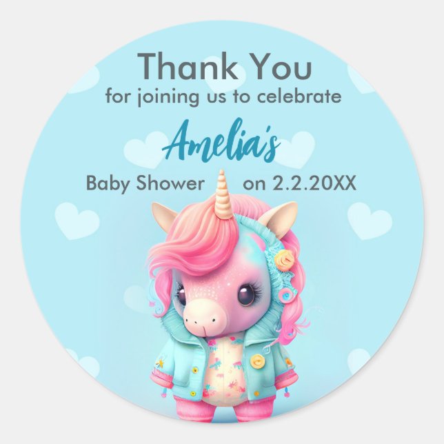Pegatina Redonda Cute Baby Unicorn | BABY SHOWER (Anverso)