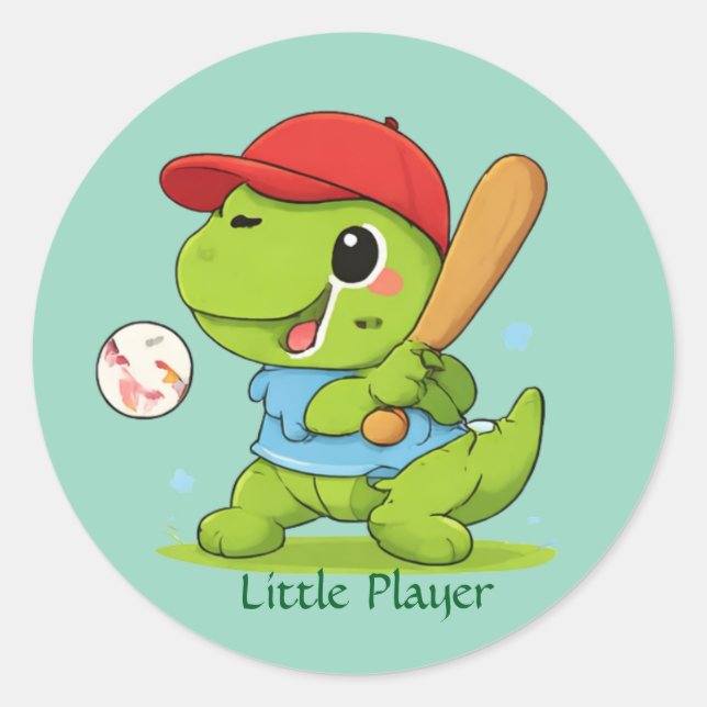 Pegatina Redonda Cute Baseball Dinosaur T-Rex Sports Illustration (Anverso)