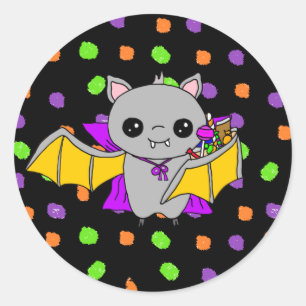 Pegatina Redonda Cute Bat Holding Halloween Candy