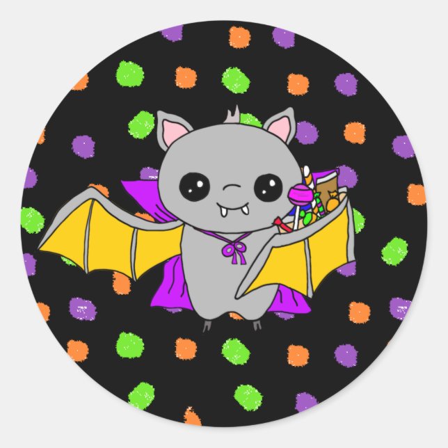 Pegatina Redonda Cute Bat Holding Halloween Candy (Anverso)