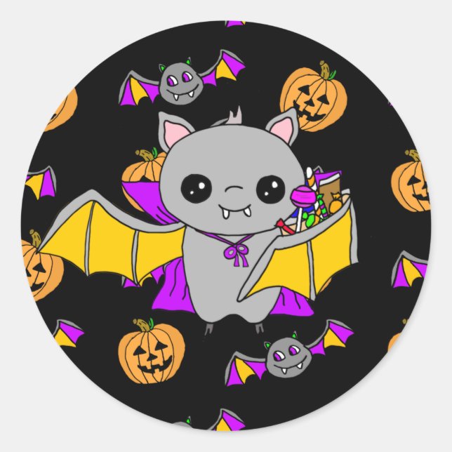 Pegatina Redonda Cute Bat Holding Halloween Candy (Anverso)