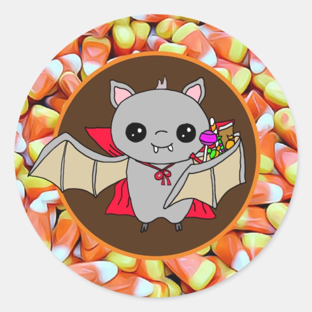 Pegatina Redonda Cute Bat Holding Halloween Candy (Anverso)