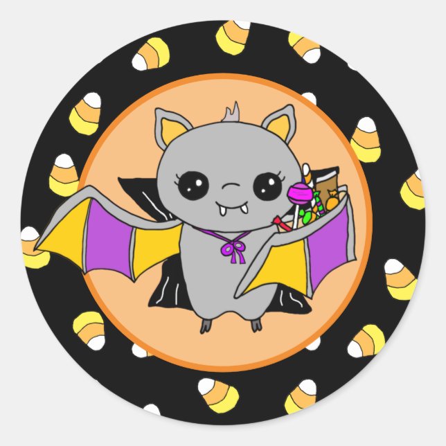 Pegatina Redonda Cute Bat Holding Halloween Candy (Anverso)