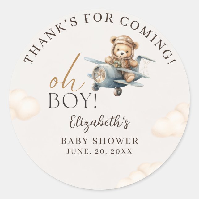 Pegatina Redonda Cute Bear Baby Shower Boy party (Anverso)