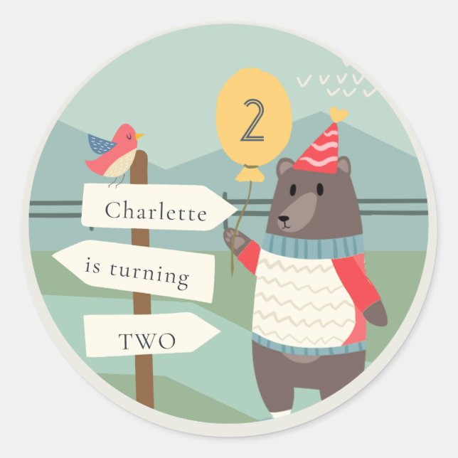 Pegatina Redonda Cute Bear Bear Milestone Mountain Cualquier Cumple (Anverso)