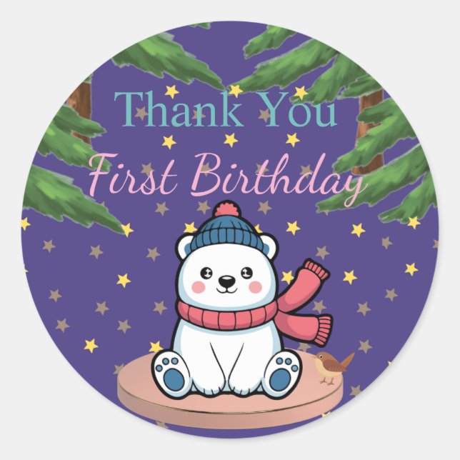 Pegatina Redonda Cute Bear First Birthday Party  (Anverso)