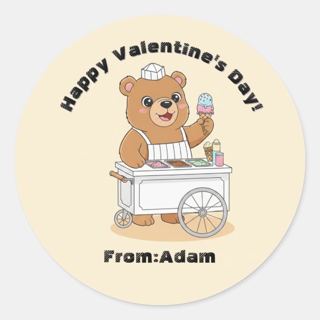 Pegatina Redonda Cute Bear Ice Cream Seller Valentine Classroom (Anverso)