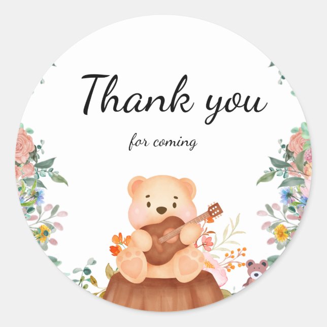 Pegatina Redonda Cute Bear tocar guitarra flor cumpleaños (Anverso)